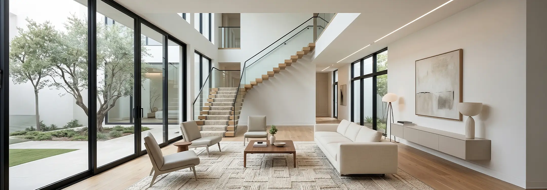 Custom stair runner installed on a hardwood staircase by the Flooring Atlanta team
